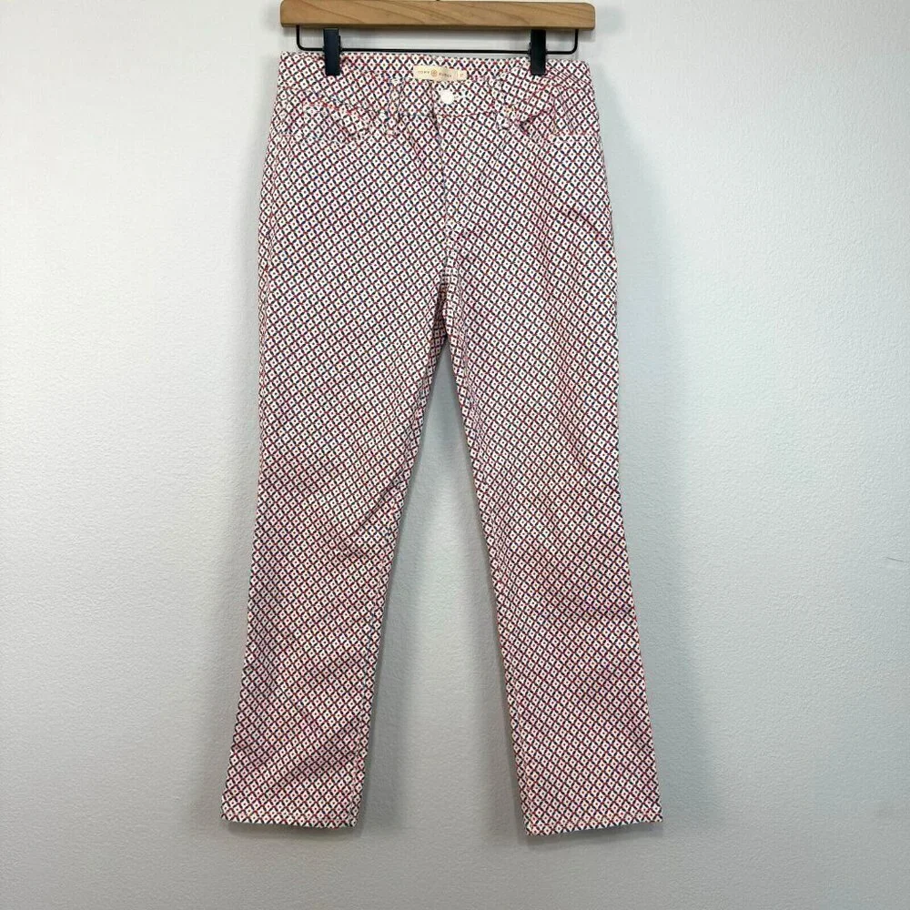 Tory Burch Womens Regan Cropped Straight Leg Jeans Geometric Cream Size 27 Women